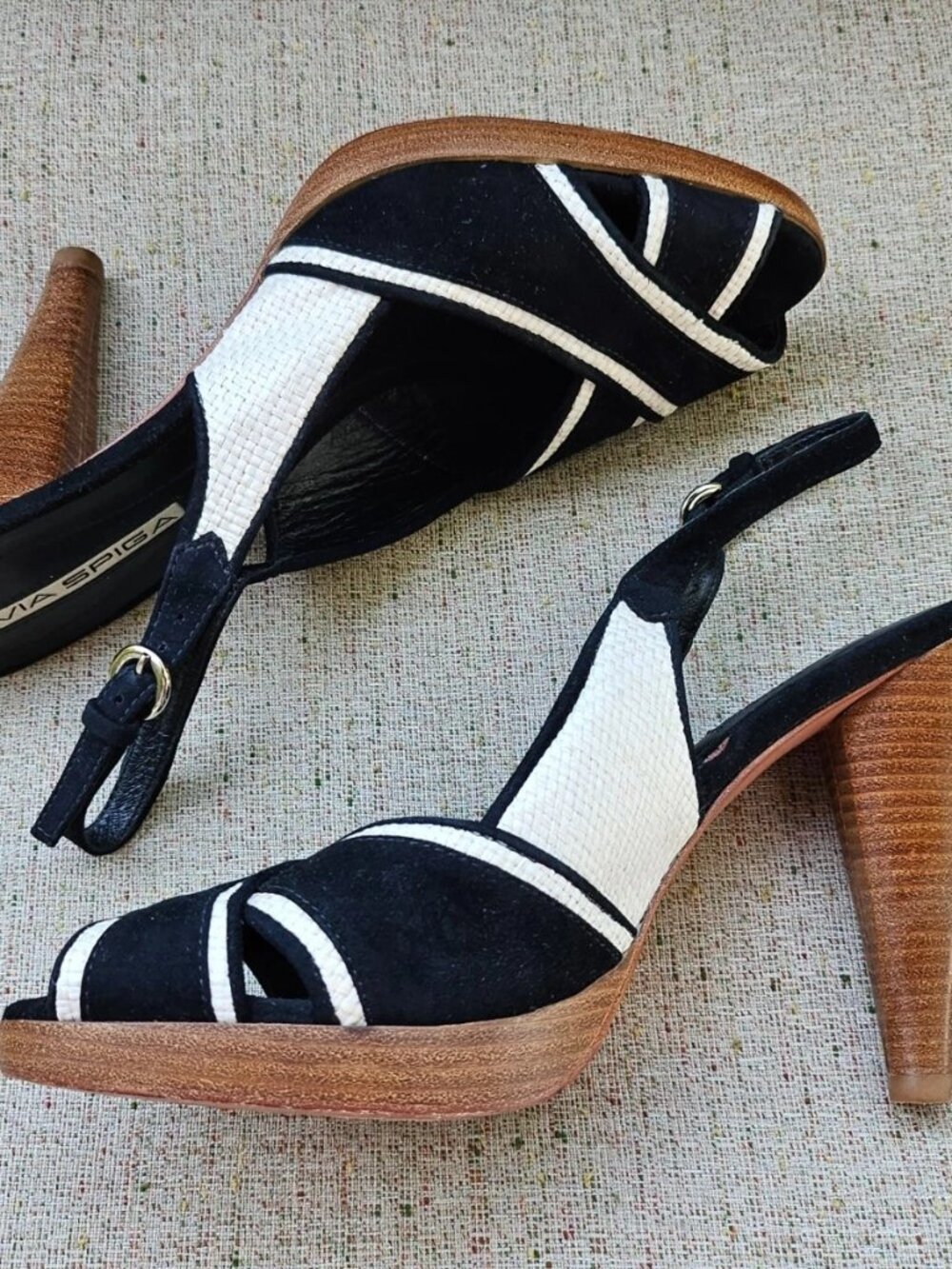 Vintage Via Spiga Ladies Heel Sandal Black/White Suede Upper Shoes Size